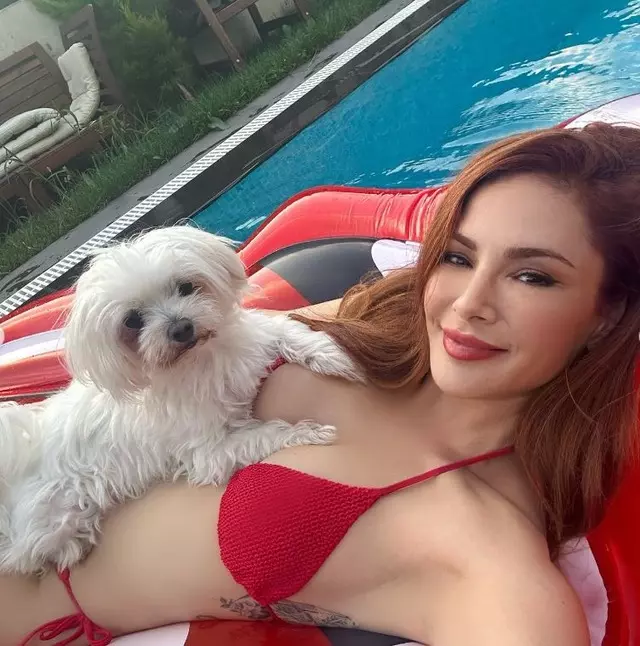 Mine Tugay'ın havuzda köpeğiyle verdiği poz sosyal medyayı salladı! Yorumlar dikkat çekti